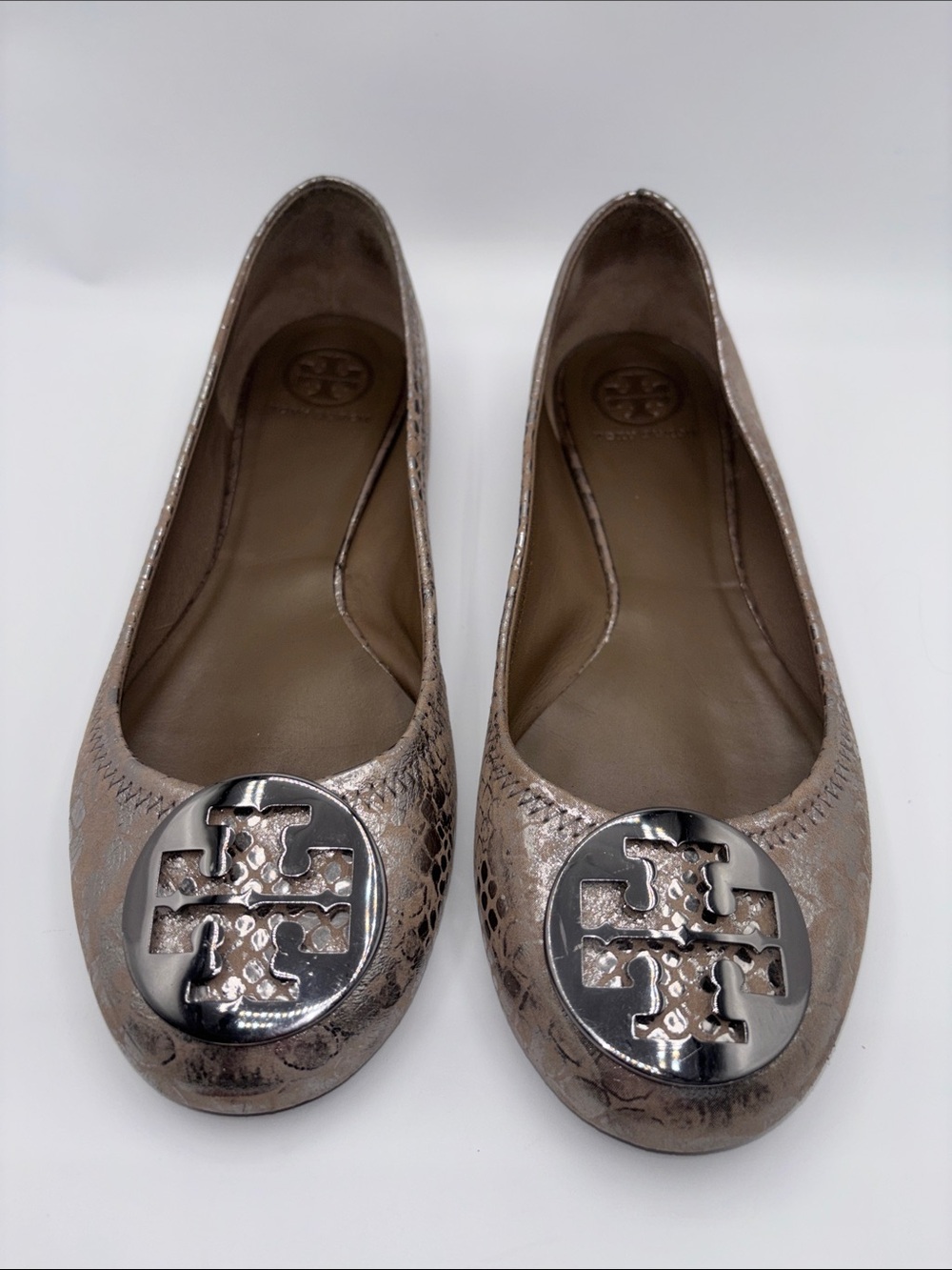 Tory Burch Metallic Taupe Logo Round-Toe Ballet Flats
